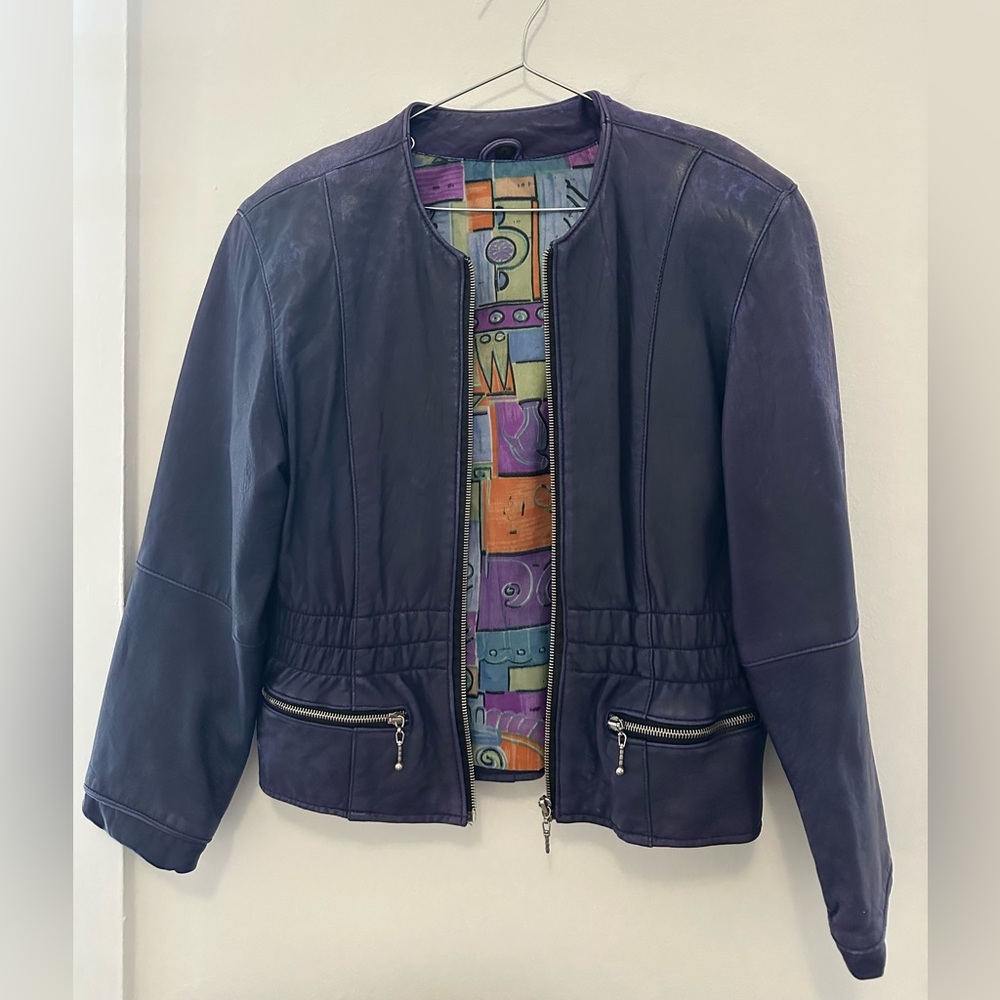 Vintage 80s/90s purple genuine leather | abstract retro lining| cropped bomber